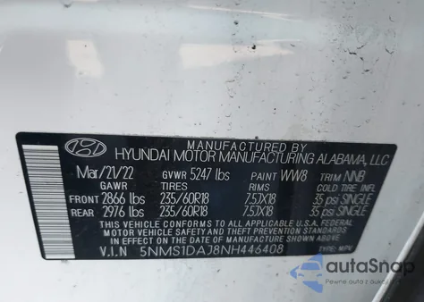 2022 Hyundai Santa Fe Se from USA, damaged, VIN 5NMS1DAJ8NH446408